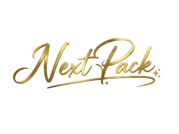 Gold cursive “Next pack” text with sparkles on a light transparent background .